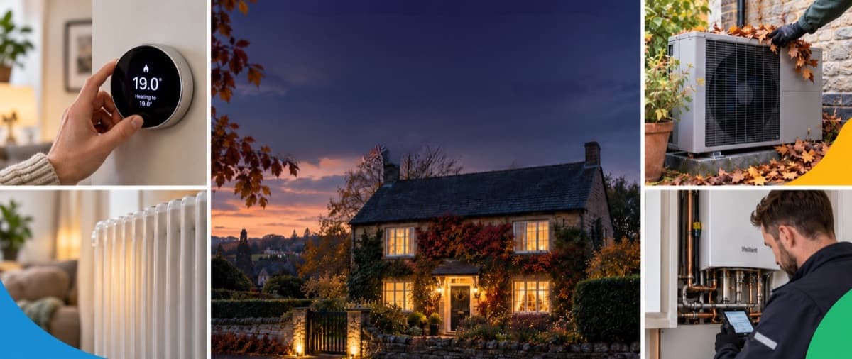 Autumn heating checks: a hand setting a smart thermostat, a radiator, a cottage at dusk, leaves cleared from an outdoor heat pump and an engineer servicing a boiler