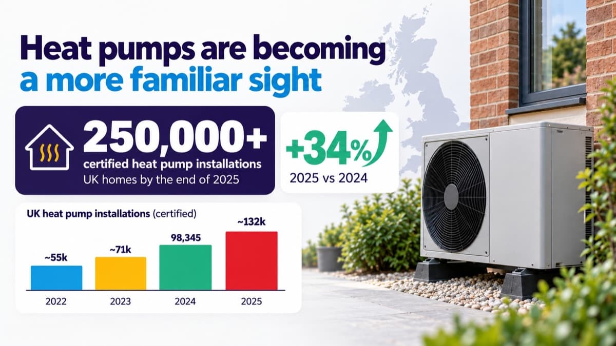 Heat pumps are becoming a more familiar sight: more than 250,000 certified heat pump installations in UK homes by the end of 2025, up 34% on 2024. Certified installations by year: about 55,000 in 2022, 71,000 in 2023, 98,345 in 2024 and 132,000 in 2025.