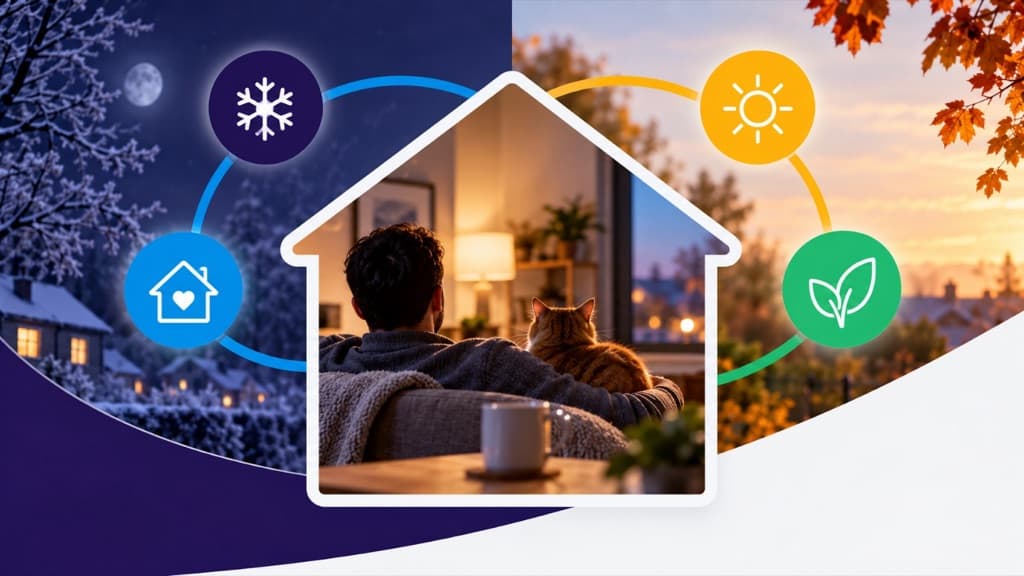 Person and cat on a sofa in a warm living room, framed by a frosty winter night and an autumn evening