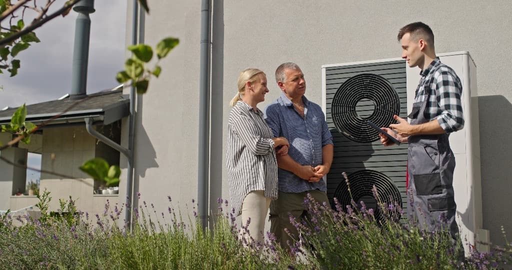 Installer with a tablet talking to homeowners beside an outdoor heat pump unit